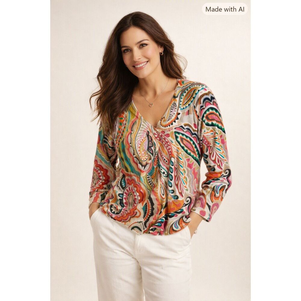 Chico's Women's Size S Orchid Paisley Floral V-Neck Knit Pullover Top